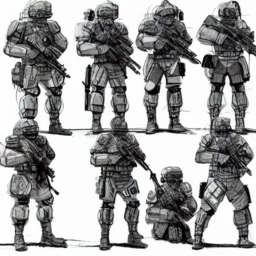 Prompt: sketches concept art standard tactial soldier lightweight nano chest armor plating millitary modern future era variants digital outline