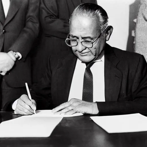 Prompt: ilford photo of extremely old geriatric governor signing bill into law, close up, associated press photo,