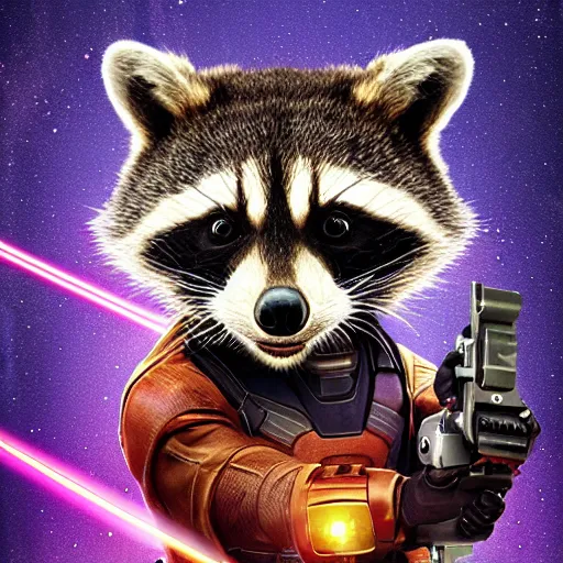 Prompt: racoon holding a laser gun, digital art, guardians of the galaxy style, centred award winning 4K