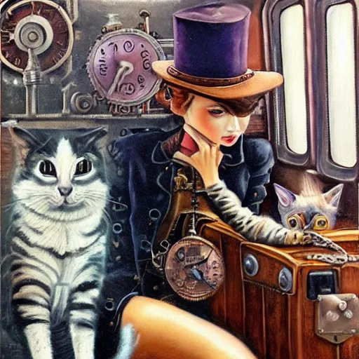 Image similar to steampunk beauty with her mechanical cat is travelling on a train, oil painting,