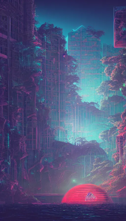 Image similar to reclaimed by nature by moon hoon, darkacademia atlantis cosmic san andreas at dawn neon signs tokyo synthwave universe, archdaily, wallpaper, highly detailed, trending on artstation.