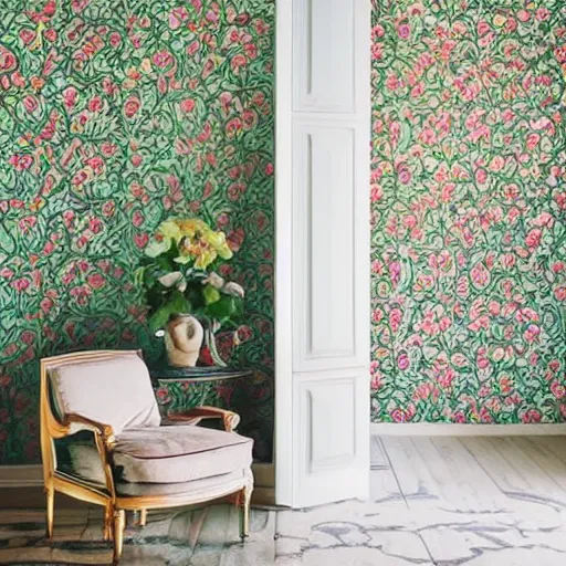 Image similar to a beautiful room with intricate wallpapers and flowers