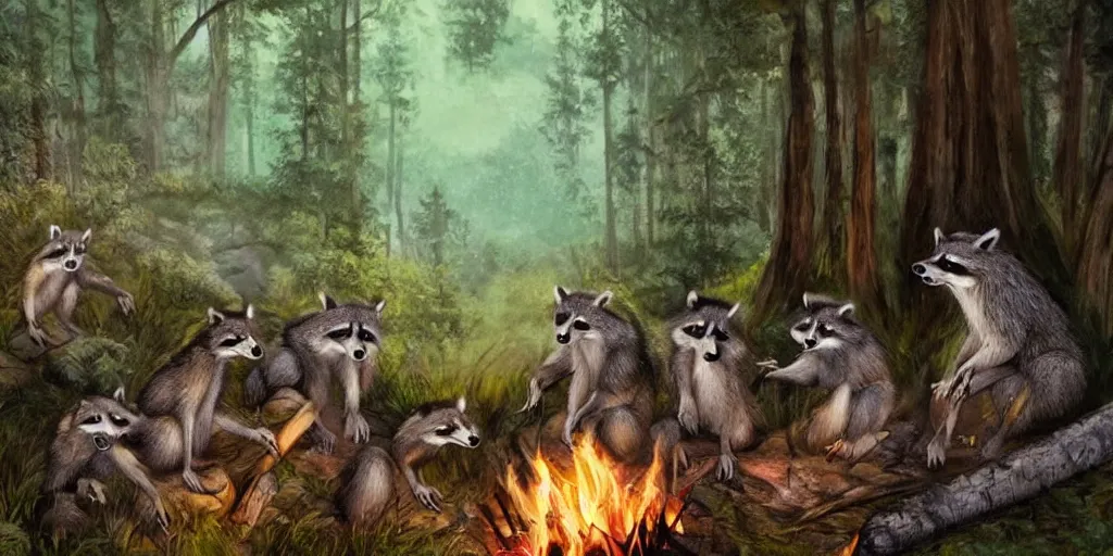 Image similar to A small group of racoons is sitting in the forest next to a campfire. There is a wolf sneaking from the side. Cinematic, very beautiful, painting in the style of Lord of the rings