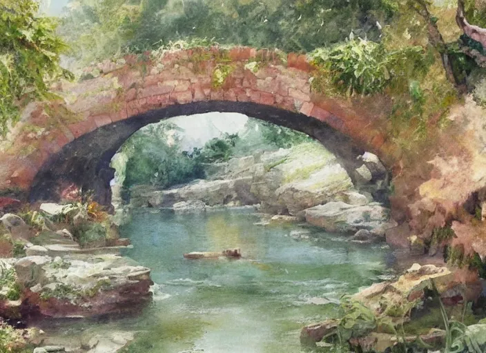 Prompt: watercolor of rustic stone bridge with mural, ivy, summer daylight, bright clear day, clouds, high detailed art by dennis miller bunker, work by anders zorn, wonderful masterpiece by greg rutkowski, beautiful cinematic light, american romanticism by greg manchess, creation by tyler edlin