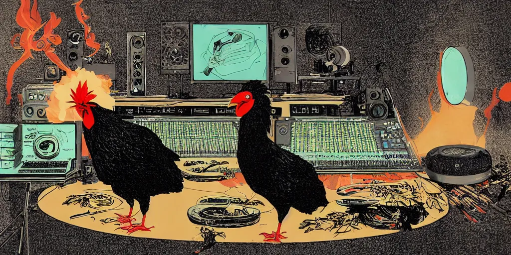 Image similar to 'black chicken'!!! smoking 'cannabis'!!!!!! in front of 'audio console'!!!! and 'multi monitors'!!!! 'in a hi-tech tv broadcasting studio'!!!!, artwork by James Gilleard