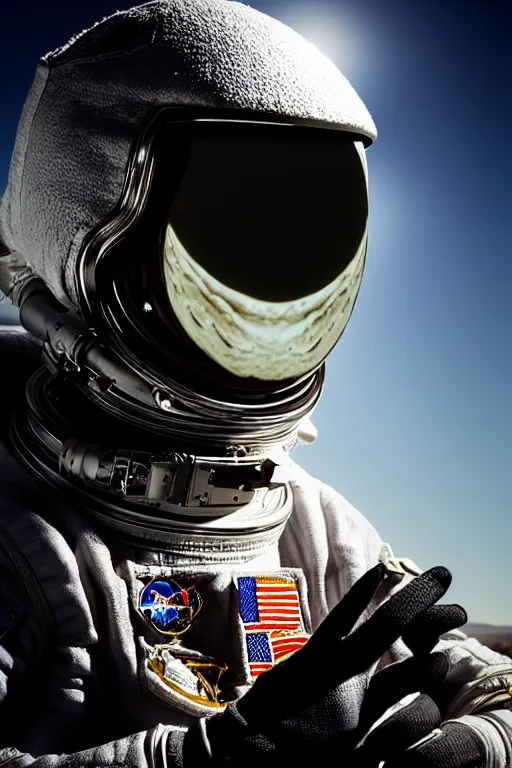 Image similar to extremely detailed portrait of space astronaut, wearing gloves, iphone in hand, reflection of the moon in visor, alien looking over shoulder from behind, extreme close shot, dramatic backlight, award winning photo by jimmy nelson