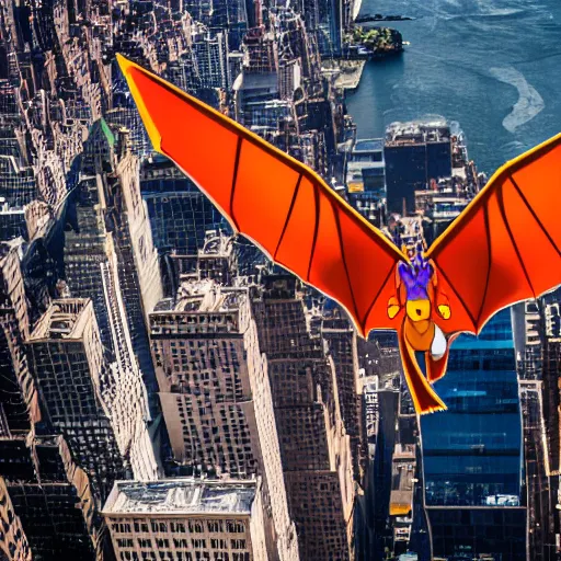 Prompt: charizard flying above new york, ( eos 5 ds r, iso 1 0 0, f / 8, 1 / 1 2 5, 8 4 mm, postprocessed, crisp face, facial features )