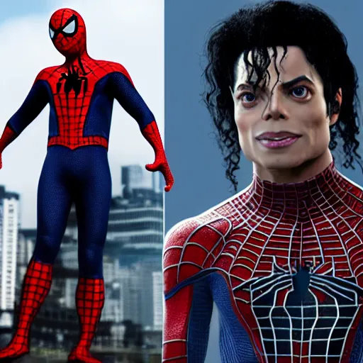 Prompt: Michael Jackson as spiderman, 4K action packed movie with lots of Unreal Engine realistic 2022 graphics