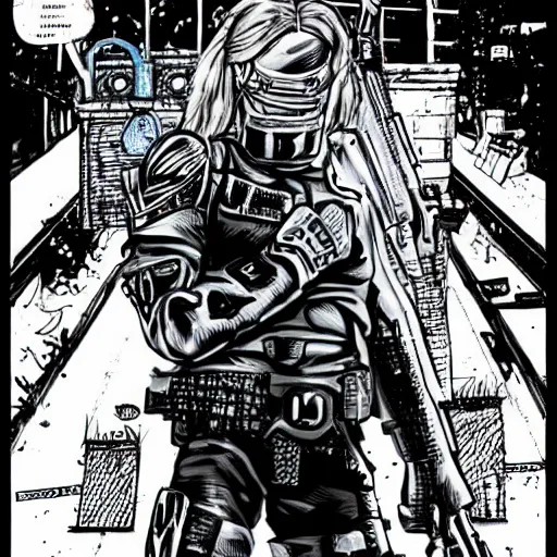 Image similar to sci - fi, dystopian bounty hunter, art by kevin eastman, black and white