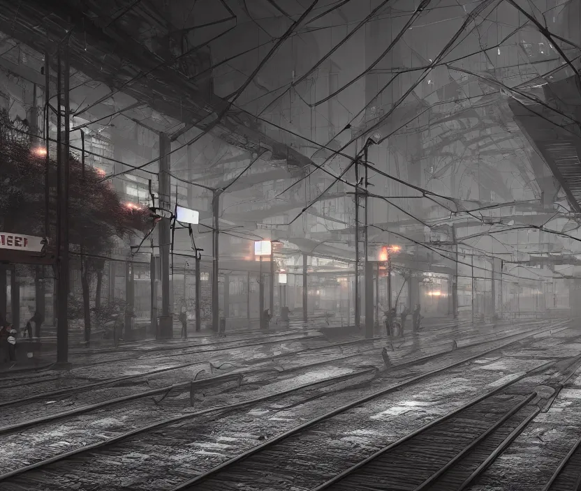 Image similar to A urban train station, gloomy and foggy atmosphere, octane render, artstation trending, horror scene, highly detailded