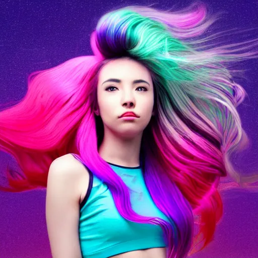 Image similar to a award winning full body shot of a beautiful woman in a croptop with a ombre purple pink teal hairstyle with head in motion and hair flying, outrun, vaporware, vivid colors, highly detailed, fine detail, intricate