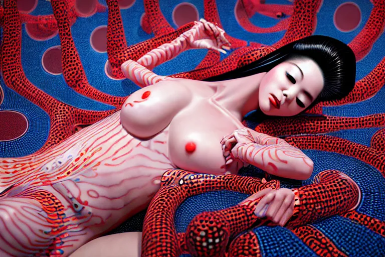 Image similar to hyperrealistic detailed image of a geisha laying in a art installation by yayoi kusama, part by kei mieno, part by alex gray, part by ross tran, part by james jean, ultra realistic, highly detailed, life like face, detailed body, 8 k, unreal engine 5, very cohesive