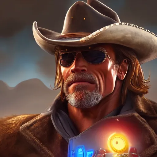 Image similar to a screenshot of arnold schwarzenegger as mccree in overwatch, portrait, fantasy, beautiful face, vivid colors, elegant, concept art, sharp focus, digital art, hyper - realistic, 4 k, unreal engine, highly detailed, hd, dramatic lighting by brom, trending on artstation