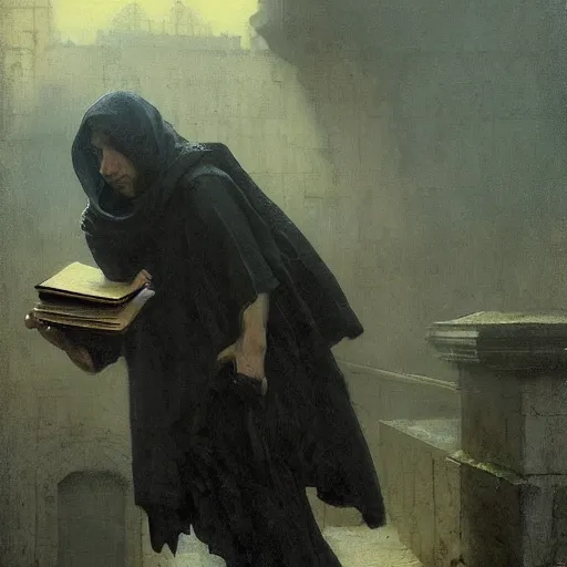 Prompt: half portait of magican wearing a closed cowl holding a big old book! chained!! to his wrist, jeremy mann, jean leon gerome, alphonse mucha, greg rutkowski, hood covers his eyes, ( ( ruins of ancient rome ) ), at dusk, mysterious atmosphere, sunrays, dof, masterpiece, high detailed, 8 k