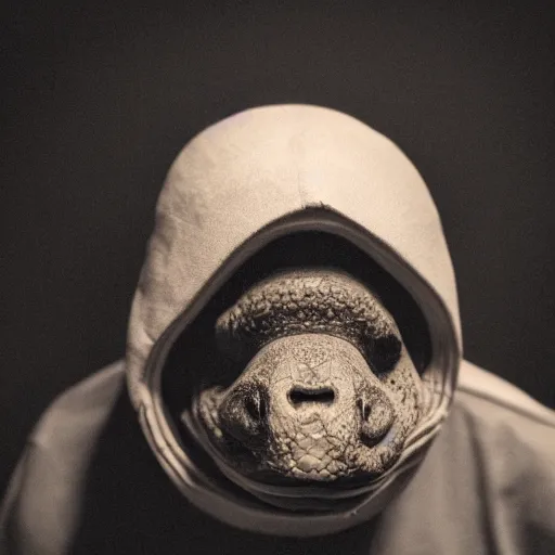 Image similar to turtle headed human, mugshot, sharp focus, dark lighting, smoke