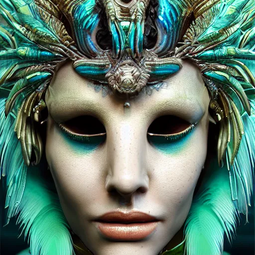 Prompt: 3 d close - up goddess face portrait with bone mask water waves medusa betta fish human bones, beautiful detailed phoenix venetian mask, feathers, highly detailed. iridescent accents. by wlop, tooth wu, greg rutkowski, alena aenami, beeple, octane render, ultra realistic. high contrast. emerald green white