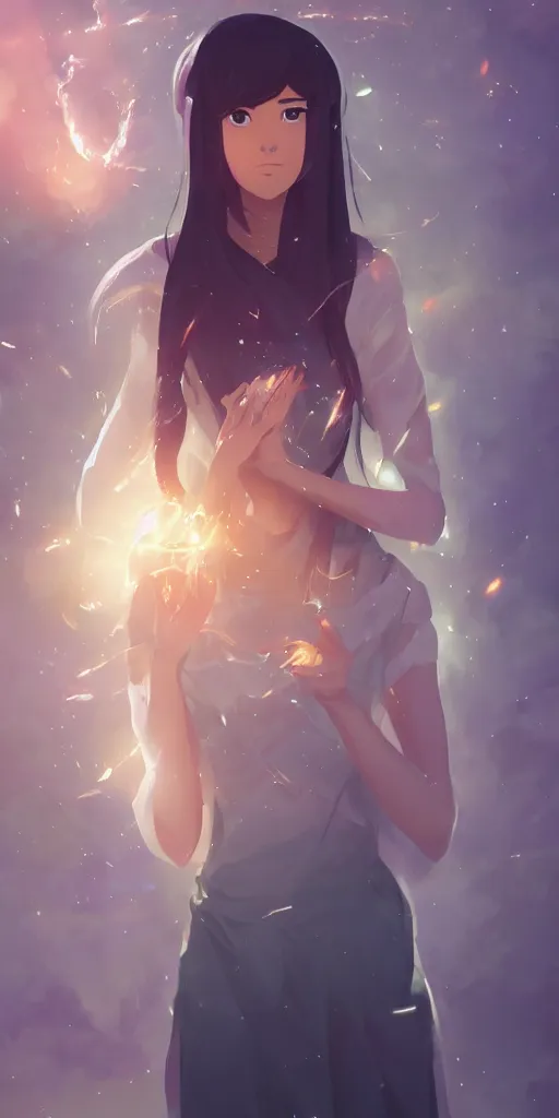 Image similar to beautiful young Himalayan woman with psychic powers, holding crystals, sad, futuristic, somber, by Makoto Shinkai, by rossdraws, dramatic lighting, reflective light