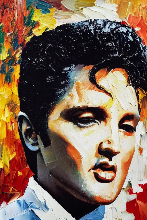 Image similar to highly detailed palette knife oil painting of Elvis Presley, wealthy, wise, by Peter Lindbergh, impressionistic brush strokes, painterly brushwork