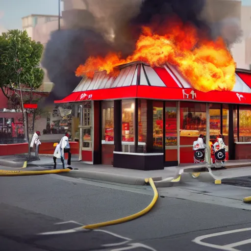 Image similar to ronald macdonald fire bombing a kfc restaurant, hyper real, 8 k, octane render, vivid, bright, photo realistic, city street