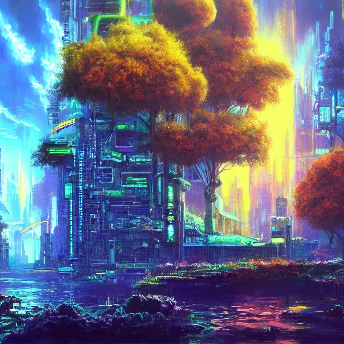 Image similar to a cyberpunk paradise, by bob ross, oil on canvas, 8 k