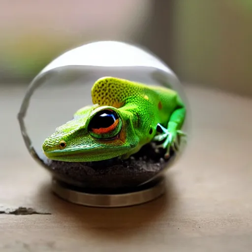 Prompt: gecko sitting inside a terrarium