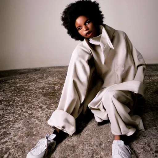 Image similar to realistic photoshooting for a new ssense!!! lookbook, color film photography, photo of a woman, photo in style of tyler mitchell, 3 5 mm, featured on vogue