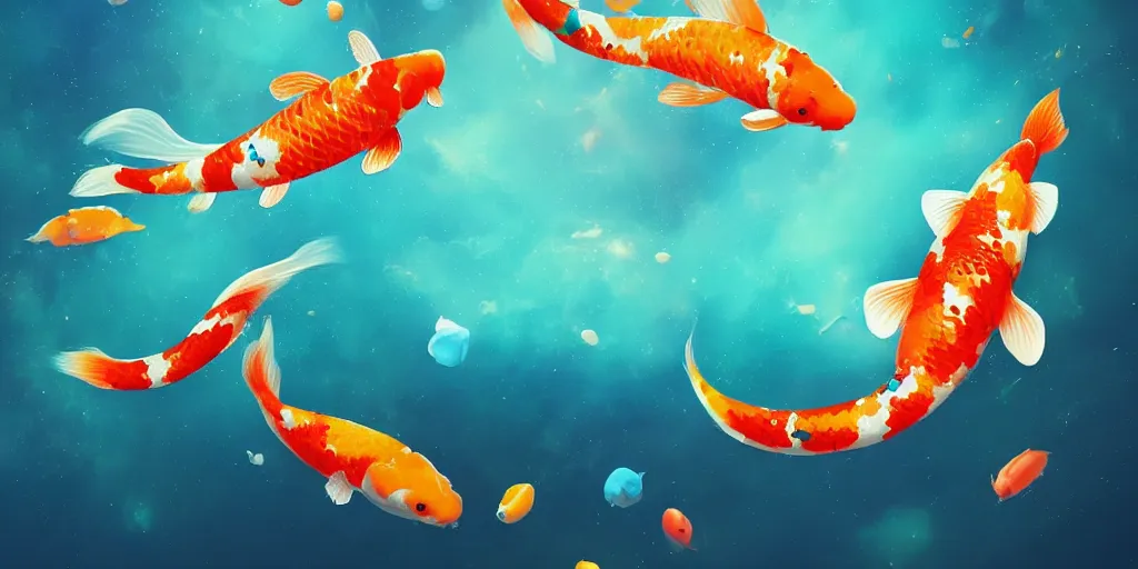 Image similar to koi fish floating in space, turquoise background, realistic detailed digital art by maxwell boas, jessica rossier, christian dimitrov, anton fadeev, trending on artstation, cgsociety, rendered in unreal engine, soft colors, 4 k, hq