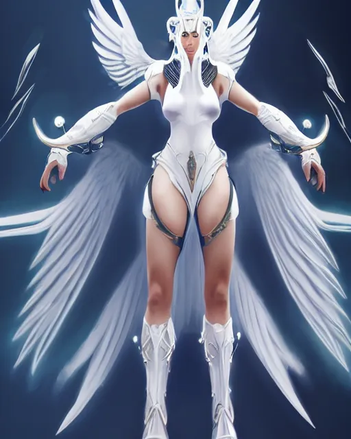 Image similar to perfect white haired attractive egyptian goddess with huge white dove wings, warframe armor, beautiful, symmetric, dreamy, half asian, pretty face, blue eyes, detailed, scifi platform, laboratory, experiment, 4 k, ultra realistic, epic lighting, android body, illuminated, cinematic, masterpiece, art by akihito tsukushi, voidstar