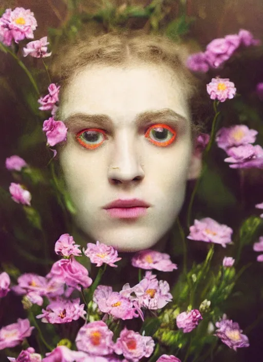 Image similar to Kodak Portra 400, 8K,ARTSTATION, Caroline Gariba, soft light, volumetric lighting, highly detailed, britt marling style 3/4 , extreme Close-up portrait photography of a Dorian Electra hiding in flowers how pre-Raphaelites with his eyes closed,inspired by Ophelia paint, his face is under water Pamukkale, face above water in soapy bath tub, hair are intricate with highly detailed realistic , Realistic, Refined, Highly Detailed, interstellar outdoor soft pastel lighting colors scheme, outdoor fine photography, Hyper realistic, photo realistic