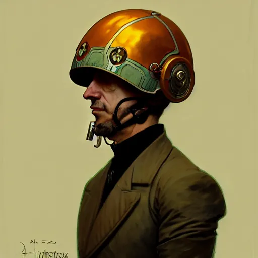 Image similar to portrait of a vicotrian doctor in suit with helmet by darek zabrocki and greg ruthkowski, alphonse mucha, simon stalenhag and cinematic and atmospheric, concept art, artstation, trending on artstation