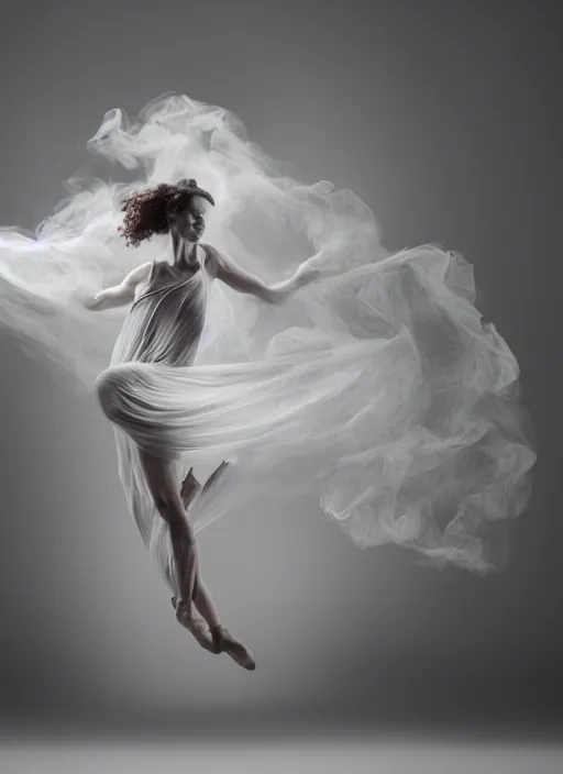 Image similar to a Photorealistic dramatic hyperrealistic render of a beautiful Female smoke dancer by Ken Brower and Deborah Ory of NYC Dance project,Lois Greenfield,Flowing cloth and smoke,Beautiful dynamic dramatic dark moody lighting,volumetric,shadows,cinematic atmosphere,Octane render,8K