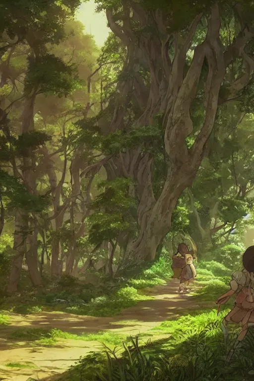 Image similar to forest path, beautiful ancient trees, hiding large treasure chest, serene evening atmosphere, soft lens, soft light, cel - shading, animation, in the style of cgsociety, deviantart, artstation, zbrush, cinema 4 d, studio ghibli, akihiko yoshida, atelier lulua, masamune shirow