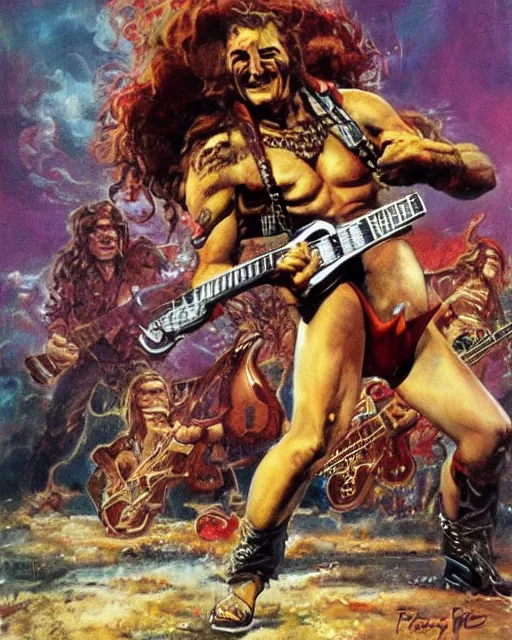 Image similar to Barry Chuckle ripping a solo on a Gibson Les Paul, heavy metal artwork by Frank Frazetta