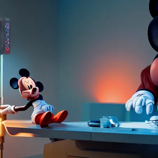 Prompt: hyperrealistic render, beeple art, octane render of giant mickey mouse figure, workers performing surgery on it, netflix logo in the background