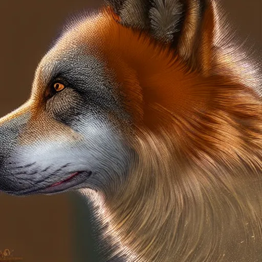 Image similar to professional digital art of a side profile of a tibetan wolf, tan and brown fur, fluffy, falling leaves, hd, 8 k, highly detailed, high quality, cute