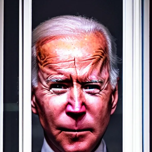 Image similar to dark setting, night time, I look at my window at night to see Joe Biden with red bloodshot eyes creepily staring through my window