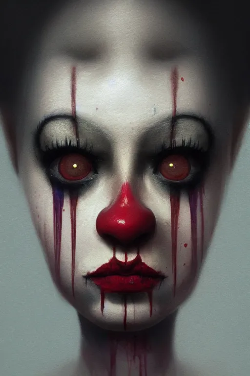 Prompt: breathtaking detailed painting of clown girl tears, with anxious, piercing eyes, art by Hsiao-Ron Cheng, Ja Miyazaki, extremely moody lighting, hyperrealistic, octane render, ambient light, dynamic lighting