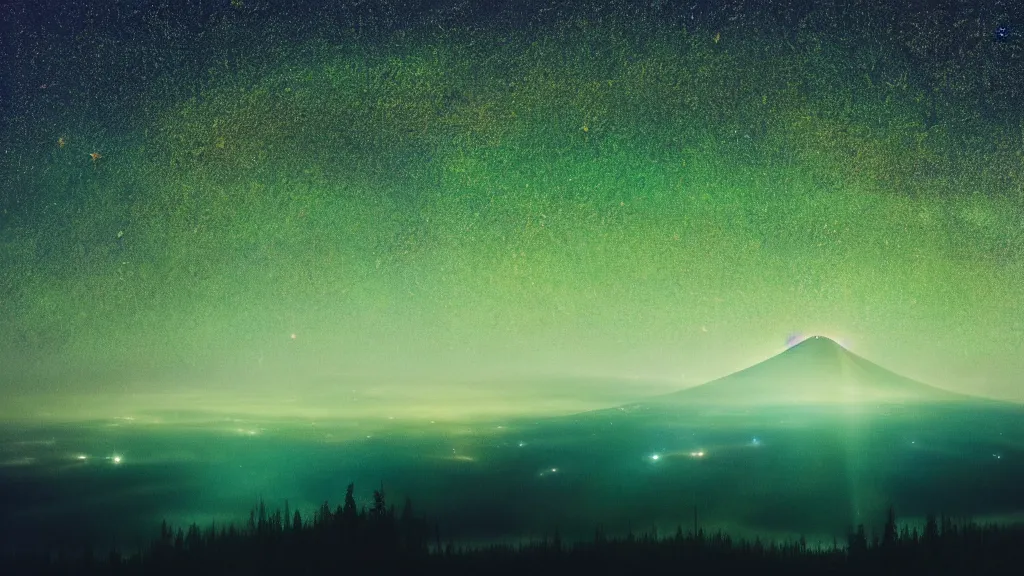 Prompt: night time visionary 8k vintage VHS of a nocturnal brocken spectre in the folded sky, filled with stars, starlight, moonlight, above the mystical green hill and forest, immanence, awe sublime, volumetric lighting