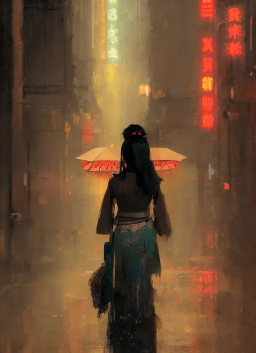 Image similar to female geisha girl, beautiful face, neon, rule of thirds, intricate outfit, spotlight, by greg rutkowski, by jeremy mann, digital painting