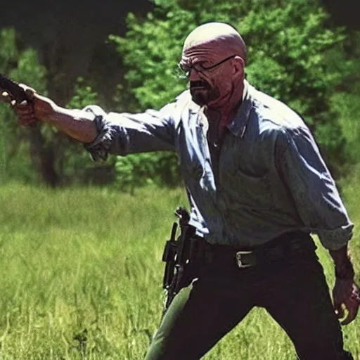 Prompt: “ very photorealistic screenshot of walter white fighting zombies in an episode of the walking dead, award - winning details ”