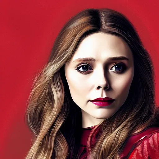 Prompt: ( ( ( elizabeth olsen ) ) ) scarlet witch!!!, portrait!!!, [ 4 k photorealism ]!!, trending on unsplash