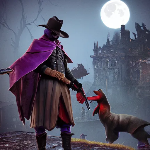 Image similar to a detailed 3 d render of darkwing duck dressed as the hunter from bloodborne, let's get dangerous, digital art, dark fantasy, concept art, soulslike, by alphonse mucha, blood moon eclipse, wherewolves in a ruined building in the background, artstation, 8 k, unreal engine render