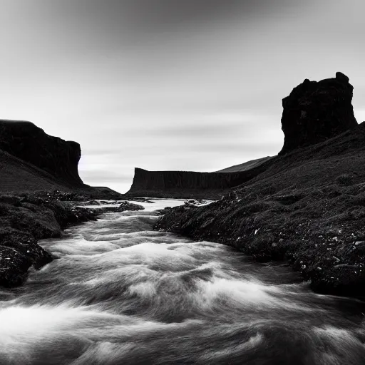 Image similar to minimalist black and white photograph of an icelandic gorge, time exposure, of a river, sharp tall pillars, sharp rocks,