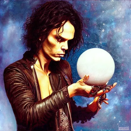 Prompt: Ville Valo pondering his Orb by Karol Bak