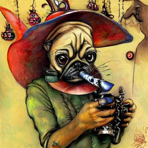 Image similar to pug caterpillar smoking hooka in wonderland, intricate detail, painting, jazz age, miro, royo, frazetta, whealan,