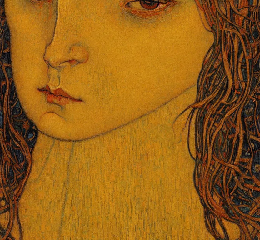 Image similar to detailed realistic beautiful young medieval queen face portrait by jean delville, gustav klimt and vincent van gogh, art nouveau, symbolist, visionary, gothic, pre - raphaelite, muted earthy colors, desaturated