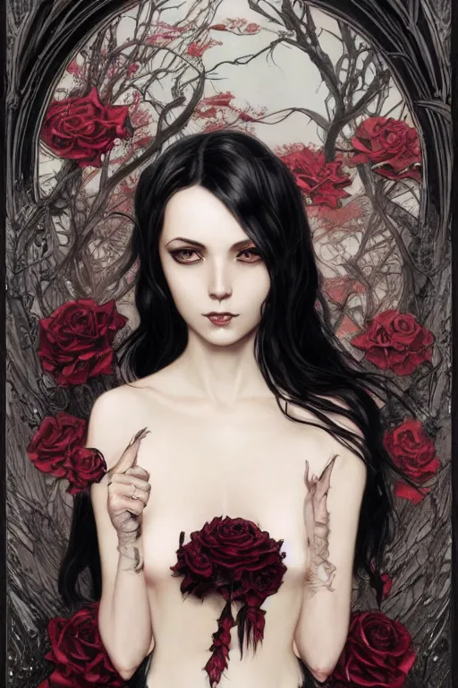 Prompt: beautiful gothic female with black roses surrounding her, Black Hair, intricate, elegant, highly detailed, digital painting, artstation, concept art, smooth, sharp, focus, illustration, art by artgerm and greg rutkowski and alphonse mucha and Ray Caesar and Benjamin Lacombe