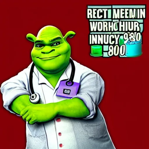 Image similar to Doctor Shrek gives you Medicine for your flu in the 80s