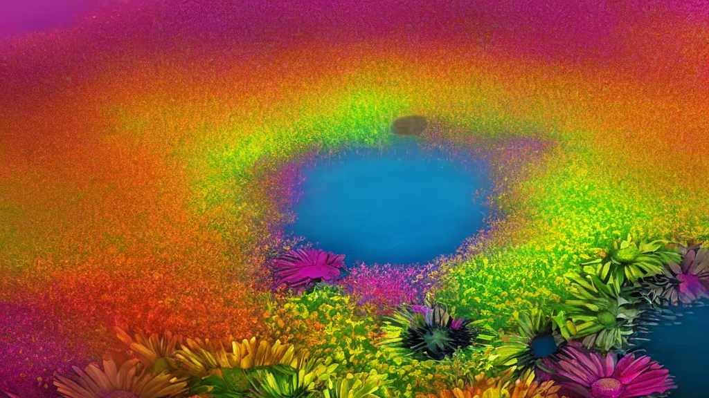 Image similar to digital illustration of a lake full of giant multi - colored gerber daisy flowers by dr. seuss, reimagined by ilm and beeple : 1 | megaflora, spectral color, electric color, rolling hills : 0. 9 | fantasy : 0. 9 | unreal engine, deviantart, artstation, hd, 8 k resolution : 0. 8