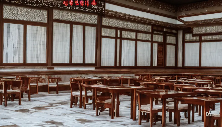 Prompt: 2010s movie still of empty north-korean royal restaurant palace, Leica SL2 50mm, heavy grain, high quality, higly detailed